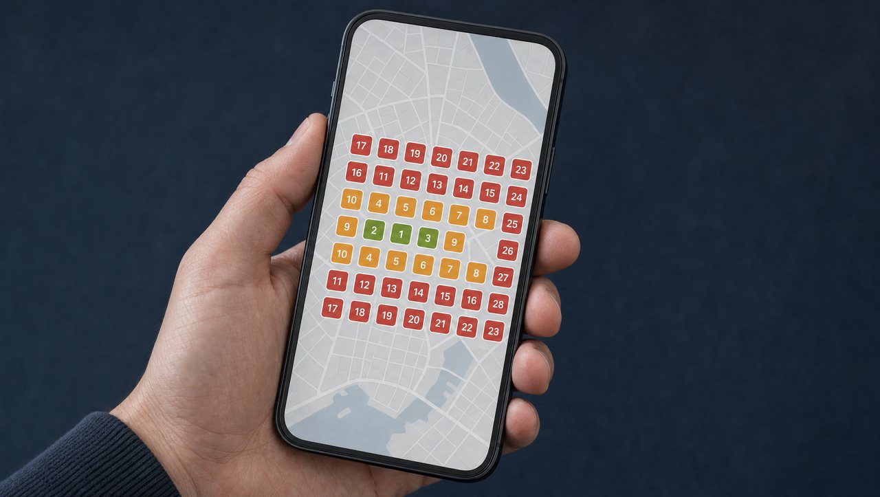 A phone showing a Google Maps rank grid for a local business, green in the centre and red around the edges